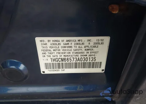 2003 Honda Accord 3.0 Ex из США, поврежденный, VIN 1HGCM66573A030135